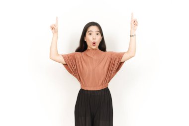 Beyaz arka planda tecrit edilmiş güzel Asyalı Kadın 'ın Ürünleri ve İşaretleri