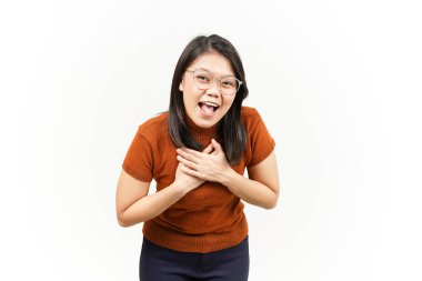 Beyaz arka planda tecrit edilmiş Güzel Asyalı Kadın 'ın Mutlu ve Heyecanlı