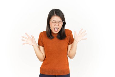 Beyaz arka planda izole edilmiş Güzel Asyalı Kadın 'ın Mutlu ve Şok Edici Hareketi
