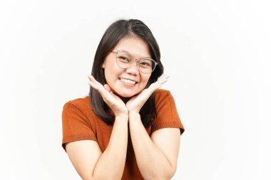 Beyaz arka planda tecrit edilmiş Güzel Asyalı Kadın 'ın Gülüşü