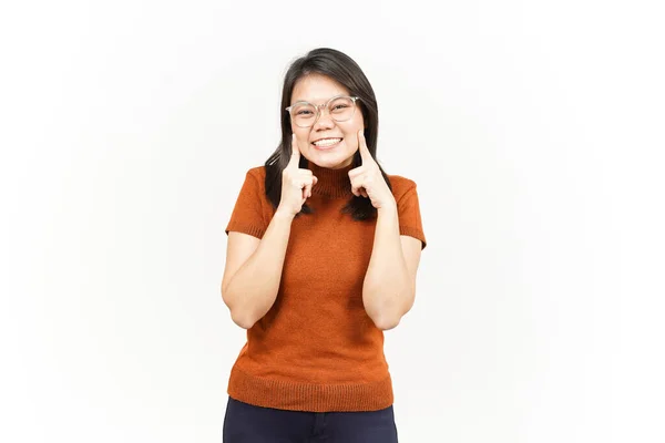 Sorrindo Dedo Toque Bochecha Bela Mulher Asiática Isolado Fundo Branco — Fotografia de Stock