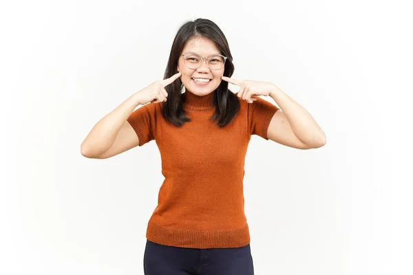 Glimlachen Vinger Aanraken Wang Van Mooi Aziatisch Vrouw Geïsoleerd Witte — Stockfoto