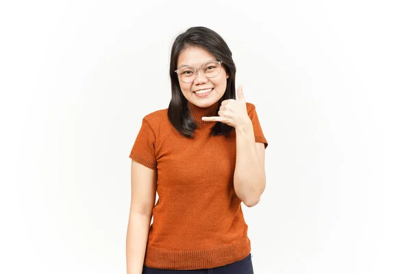 Make Volání Zpět Znamení Krásné Asijské Ženy Izolované Bílém Pozadí — Stock fotografie