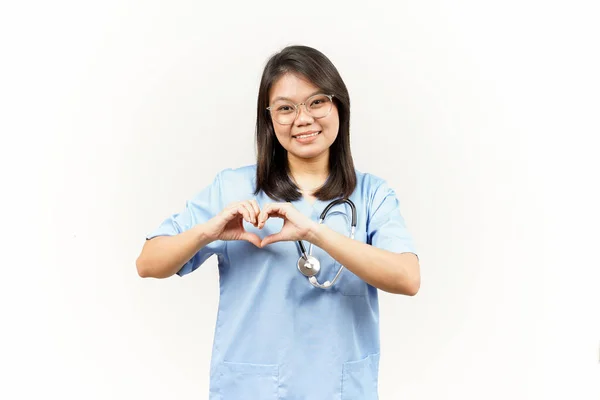 Showing Love Sign Asian Young Doctor Isolated White Background — Stock Photo, Image