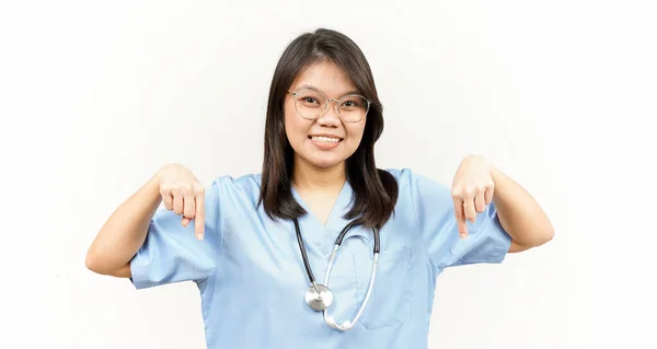 Showing Product Pointing Asian Young Doctor Isolated White Background — Stock Photo, Image