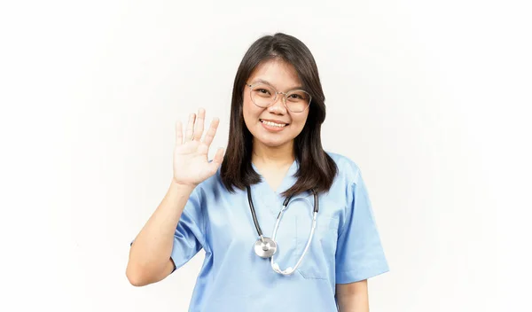 Ciao Saluto Gesto Asiatico Giovane Medico Isolato Sfondo Bianco — Foto Stock