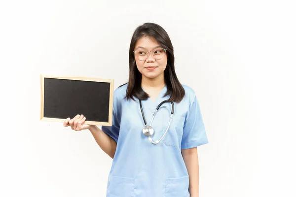 Showing Presenting Holding Blank Blackboard Asian Young Doctor Isolated White — Stock Photo, Image