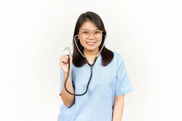 Showing Stethoscope Asian Young Doctor Isolated White Background — Stock Photo, Image