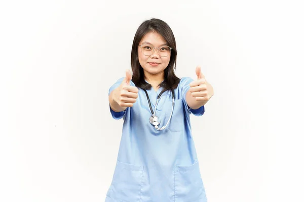 Mostrando Polegares Para Cima Asiático Jovem Médico Isolado Fundo Branco — Fotografia de Stock