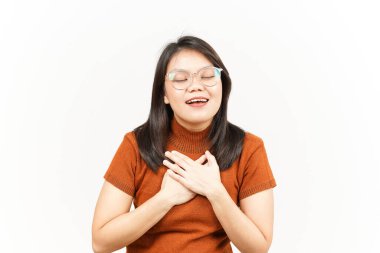 Beyaz Arkaplanda İzole Edilmiş Güzel Asyalı Kadın 'ın Öz Sevgisi ve Minnettar Hareketi