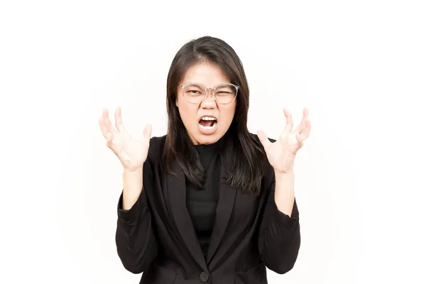Разгневанная Азиатская Женщина Черным Блейзером Белом Фоне — стоковое фото