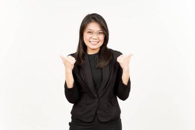 Siyah Ceket Giyen Güzel Asyalı Kadın 'ın Ürün ve Gösterme Sağı ve Sol Tarafı