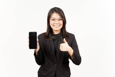 Siyah Ceket Giyen Güzel Asyalı Kadın Uygulamaları ya da Boş Ekranda İlanlar Gösteriliyor