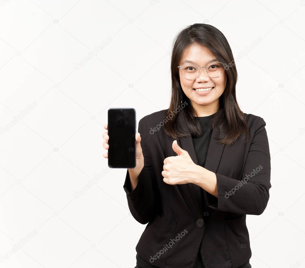Showing Apps or Ads On Blank Screen Smartphone Of Beautiful Asian Woman Wearing Black Blazer