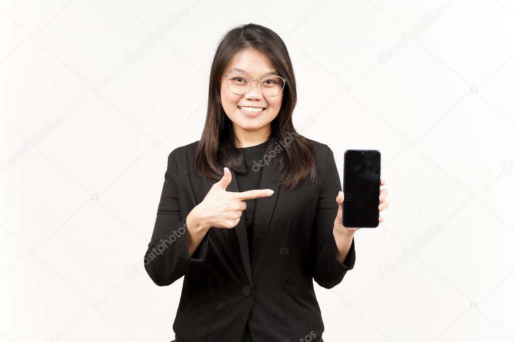 Showing Apps or Ads On Blank Screen Smartphone Of Beautiful Asian Woman Wearing Black Blazer