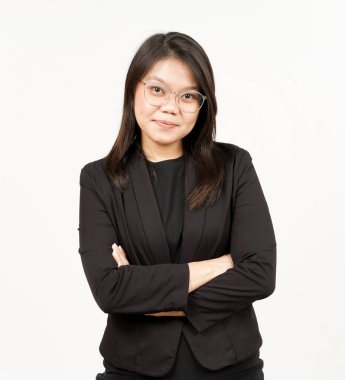 Gülümseyen Kollar ve Siyah Ceket Giyen Güzel Asyalı Kadın Kamerasına Bakış