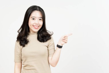 Beyaz arka planda tecrit edilmiş Güzel Asyalı Kadın 'ın Ürün ve İşaret Tarafı