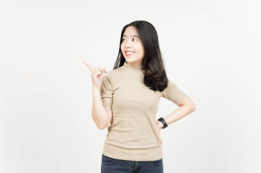 Beyaz arka planda tecrit edilmiş Güzel Asyalı Kadın 'ın Ürün ve İşaret Tarafı