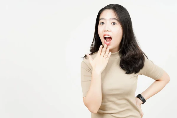 Wow Choque Rosto Expressão Bela Mulher Asiática Isolado Fundo Branco — Fotografia de Stock