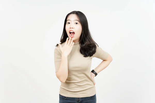 Wow Choque Rosto Expressão Bela Mulher Asiática Isolado Fundo Branco — Fotografia de Stock