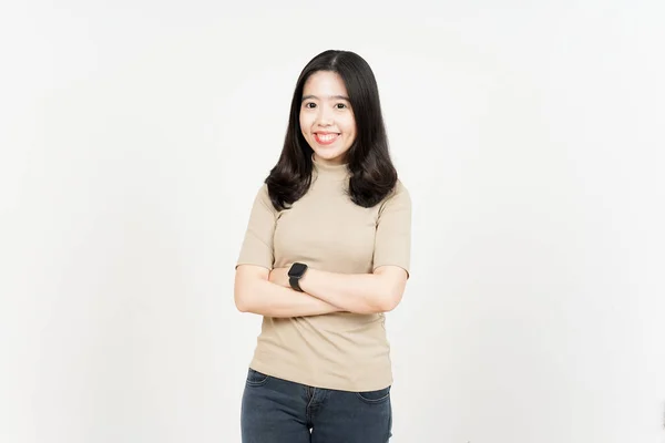 Brazos Plegables Sonrisa Mirando Cámara Hermosa Asiática Mujer Aislado Blanco —  Fotos de Stock