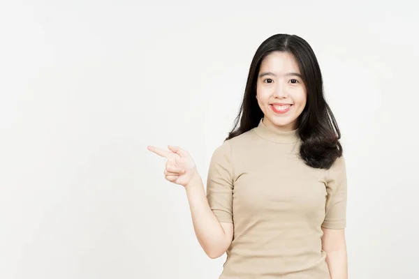 Showing Product Pointing Side Beautiful Asian Woman Isolated White Background — Stock Photo, Image