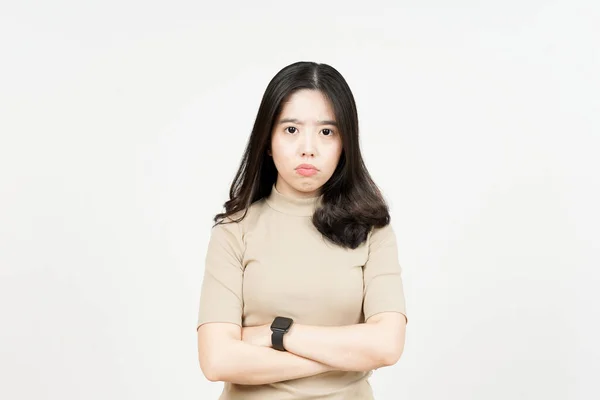 Folding Arms Angry Face Expression Beautiful Asian Woman Isolated White — Stock Photo, Image
