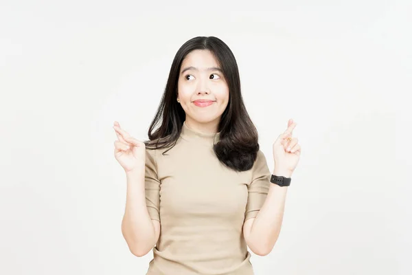 Cruzando Dedo Dedo Afortunado Gesto Hermosa Mujer Asiática Aislado Sobre —  Fotos de Stock