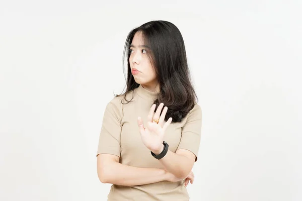 Parar Rejeitar Mão Gestos Bela Mulher Asiática Isolado Fundo Branco — Fotografia de Stock