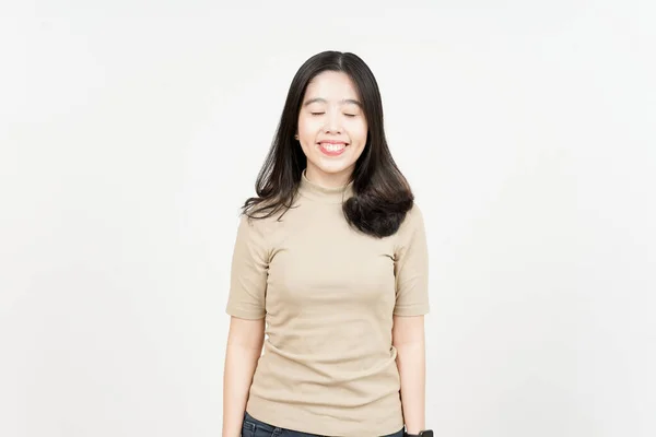 Kapalı Gözler Güzel Asyalı Kadın Gülümsemesi Beyaz Arka Planda Soyutlandı — Stok fotoğraf