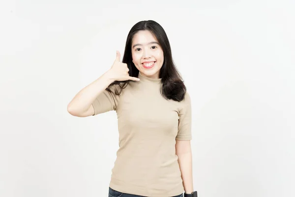 Call Gesture Beautiful Asian Woman Isolated White Background — Stock Photo, Image