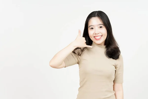 Chame Gesture Bela Mulher Asiática Isolada Fundo Branco — Fotografia de Stock