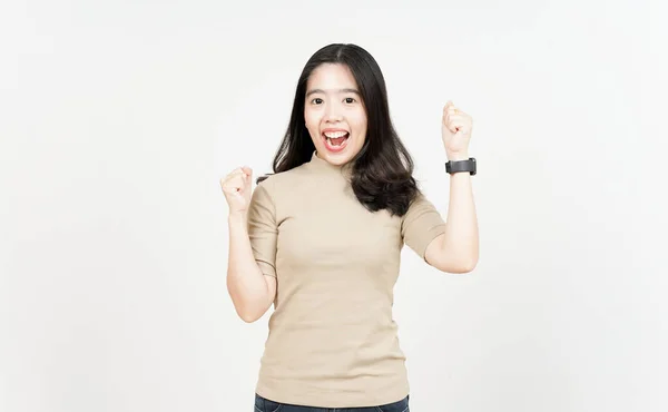 Sim Celebração Gesto Bela Mulher Asiática Isolada Fundo Branco — Fotografia de Stock