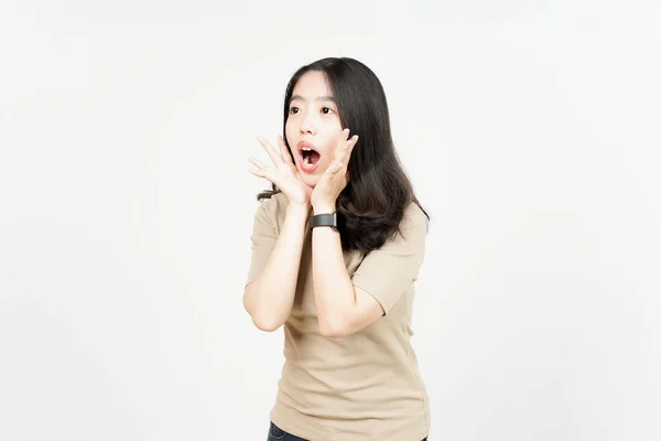 Shouting Out Loud Hands Mouth Beautiful Asian Woman Isolated White — Stock Photo, Image