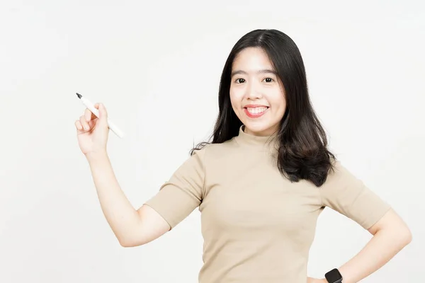 Professora Segurando Marcador Online Ensino Mulher Asiática Bonita Isolada Fundo — Fotografia de Stock