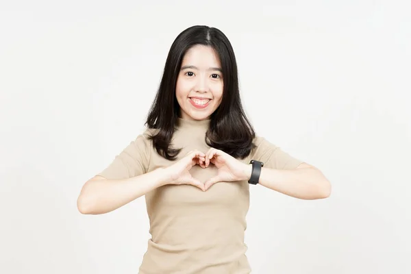Zeigen Liebe Zeichen Der Schönen Asiatischen Frau Isoliert Auf Weißem — Stockfoto