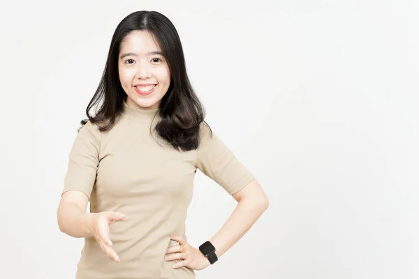 Het Aanbieden Van Shake Hand Van Mooie Aziatische Vrouw Geïsoleerd — Stockfoto