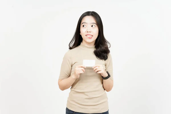Celebración Tarjeta Bancaria Blanco Tarjeta Crédito Hermosa Mujer Asiática Aislada —  Fotos de Stock