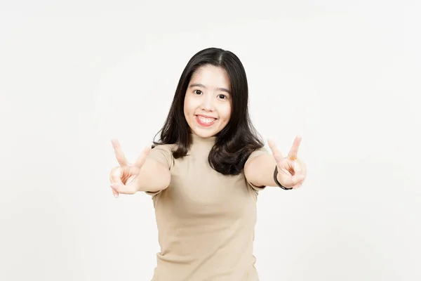 Showing Peace Sign Beautiful Asian Woman Isolated White Background — Stock Photo, Image