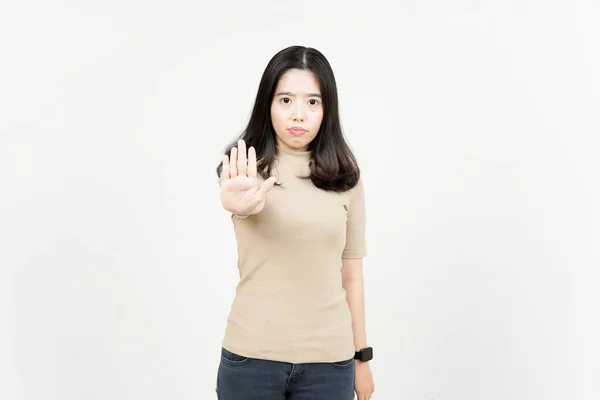 Rejeição Mão Gestos Bela Mulher Asiática Isolado Fundo Branco — Fotografia de Stock