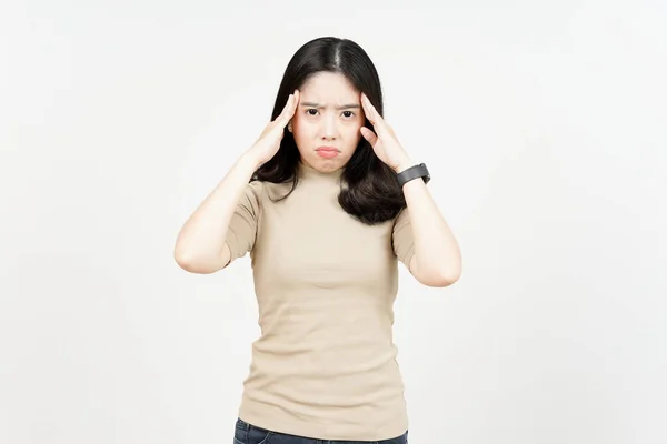 Soffrendo Mal Testa Bella Donna Asiatica Isolato Sfondo Bianco — Foto Stock