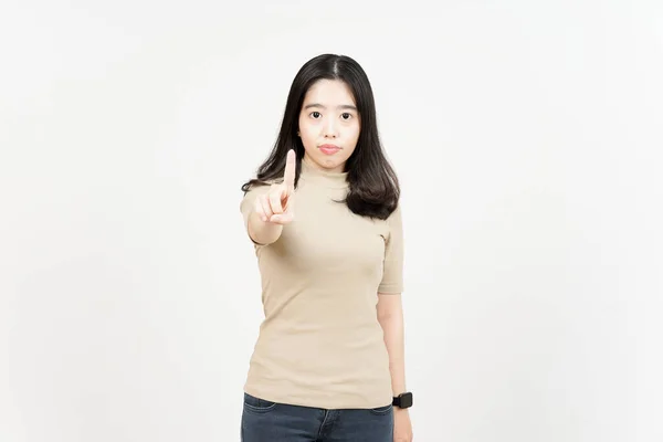 Toon Een Vinger Van Mooie Aziatische Vrouw Geïsoleerd Witte Achtergrond — Stockfoto
