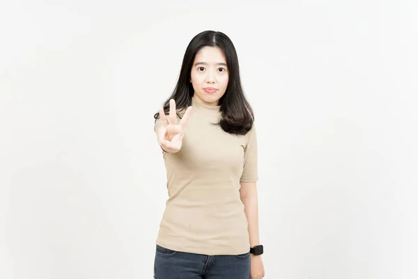 Показ Пальца Трех Красивых Азиатских Женщин Изолированных Белом Фоне — стоковое фото