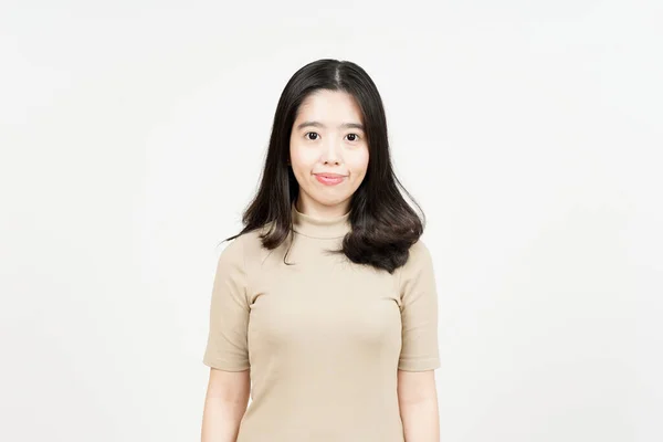 Mosoly Látszó Hoz Kamera Gyönyörű Ázsiai Elszigetelt Fehér Háttér — Stock Fotó