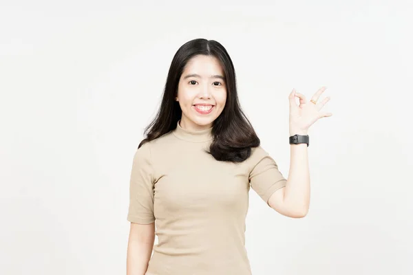 Mostrando Sinal Bela Mulher Asiática Isolada Fundo Branco — Fotografia de Stock