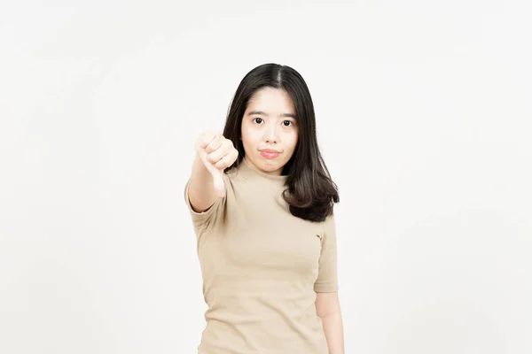 Показує Великий Палець Вниз Красива Азіатська Жінка Ізольовані Білому Тлі — стокове фото