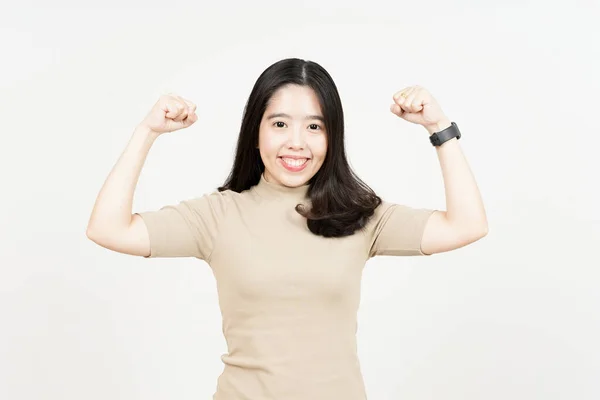 Mostrando Braços Força Bela Mulher Asiática Isolada Fundo Branco — Fotografia de Stock