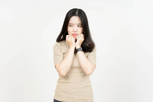 Mãos Sob Queixo Com Expressão Facial Triste Bela Mulher Asiática — Fotografia de Stock