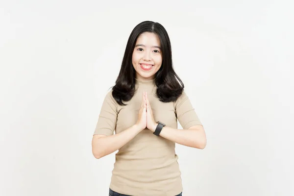 Doing Namaste Greeting Beautiful Asian Woman Isolated White Background — Stock Photo, Image