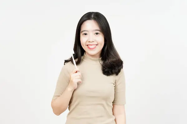 Segurando Escova Dentes Sorrindo Para Câmera Bela Mulher Asiática Isolada — Fotografia de Stock